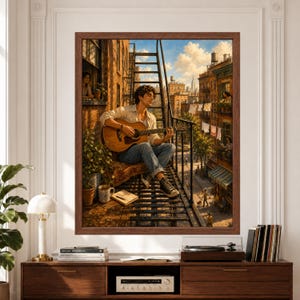 Framed acoustic guitar wall art featuring a young musician playing guitar on a sunlit New York fire escape surrounded by red-brick apartments, hanging laundry, neighbors, plants and a warm city street scene above a record player console.