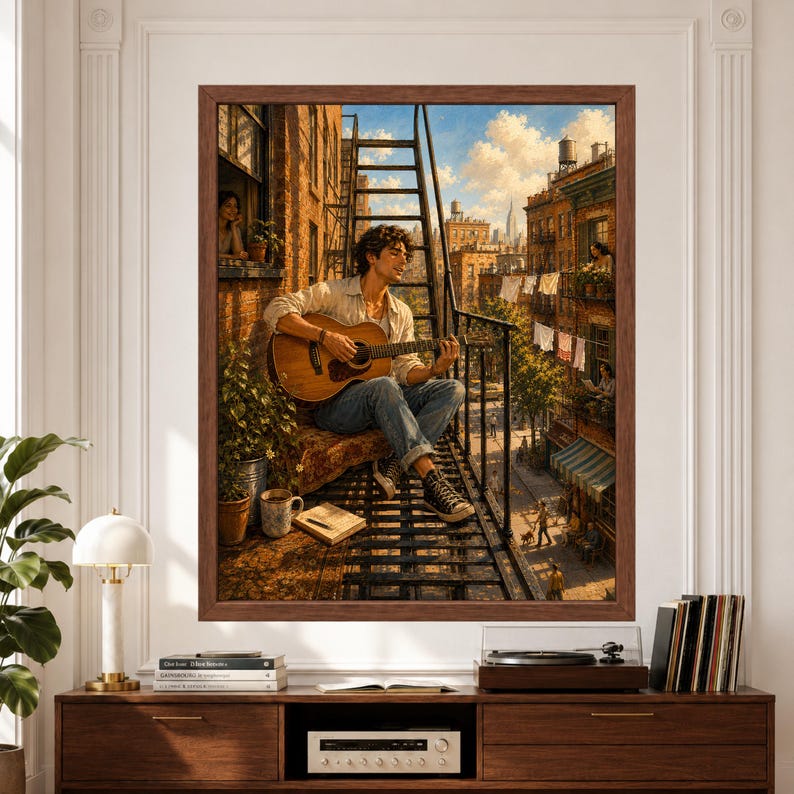 Framed acoustic guitar wall art featuring a young musician playing guitar on a sunlit New York fire escape surrounded by red-brick apartments, hanging laundry, neighbors, plants and a warm city street scene above a record player console.