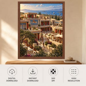 May include: A framed wall art print depicting the ancient palace of Knossos in 1400 BCE, featuring stone architecture, red columns, a bull fresco, and figures in a courtyard overlooking the sea. The text KNOSSOS 1400 BCE is printed at the bottom.
