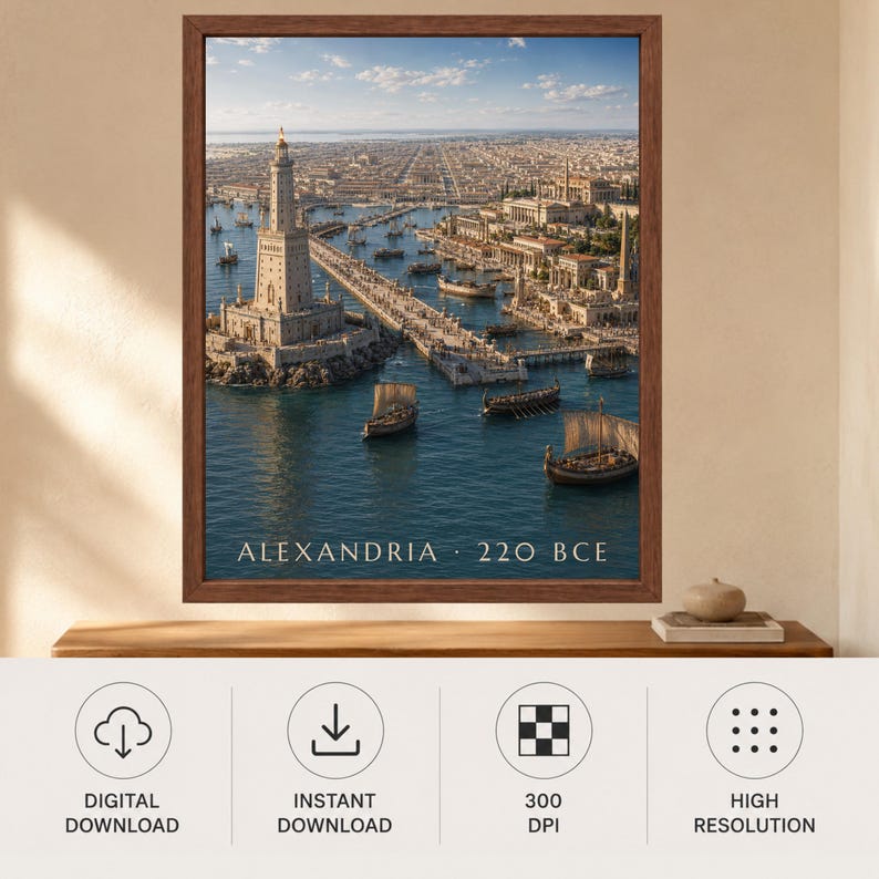May include: A framed wall art print depicting the ancient city of Alexandria in 220 BCE, featuring the Lighthouse of Alexandria, a long stone causeway, and several wooden sailing ships on the water. The text ALEXANDRIA 220 BCE is printed at the bottom.