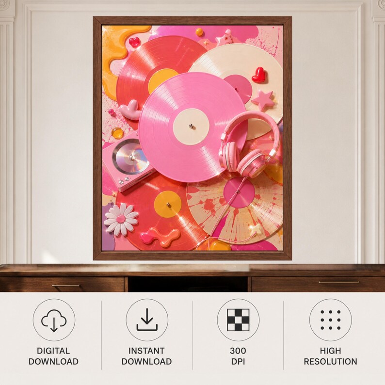 May include: A framed wall art print featuring a vibrant collage of vinyl records in shades of pink, orange, and cream. The composition includes a pair of pink headphones, a small pink record player, and decorative elements like stars and flowers.