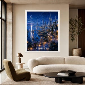 Pu&ograve; includere: Una stampa artistica incorniciata intitolata LUNEVIA City of the Moonlit Harbors, che raffigura una citt&agrave; costiera fantastica di notte con alte guglie, una luna crescente, lanterne luminose, balconi in pietra e barche sull'acqua.