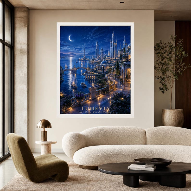 Pu&ograve; includere: Una stampa artistica incorniciata intitolata LUNEVIA City of the Moonlit Harbors, che raffigura una citt&agrave; costiera fantastica di notte con alte guglie, una luna crescente, lanterne luminose, balconi in pietra e barche sull'acqua.