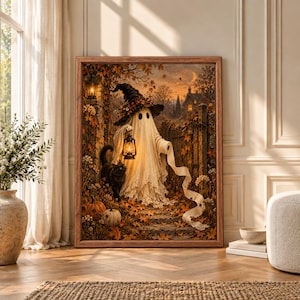 Framed funny Halloween wall art showing a sheet ghost in a witch hat carrying a lantern and toilet paper beside a black cat on an autumn path with pumpkins and a distant cottage.