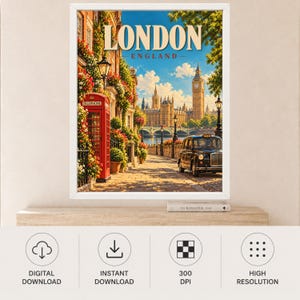 May include: A framed wall art print featuring a vibrant London street scene with a red telephone box, a black taxi, and the Elizabeth Tower in the background. The text LONDON ENGLAND is printed in large beige letters at the top of the image.