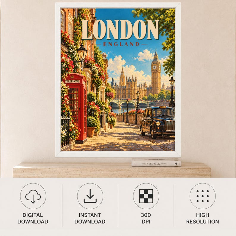 May include: A framed wall art print featuring a vibrant London street scene with a red telephone box, a black taxi, and the Elizabeth Tower in the background. The text LONDON ENGLAND is printed in large beige letters at the top of the image.