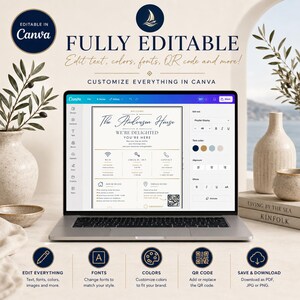 May include: A laptop screen displaying a customizable Canva template for a welcome sign. The template features text including The Anderson House, Wi-Fi, check-in, check-out, contact, house rules, and a QR code. The interface shows editing tools.