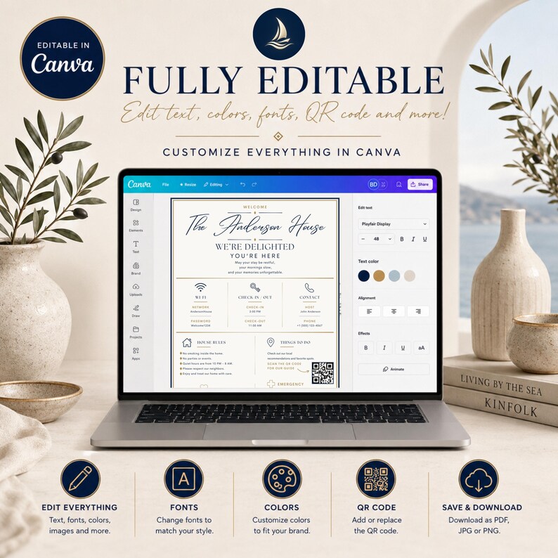 May include: A laptop screen displaying a customizable Canva template for a welcome sign. The template features text including The Anderson House, Wi-Fi, check-in, check-out, contact, house rules, and a QR code. The interface shows editing tools.