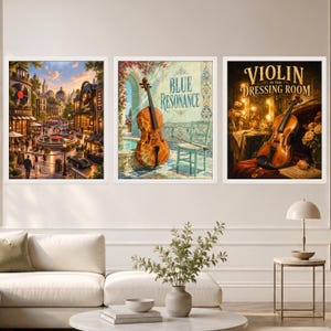 Puede incluir: Tres l&aacute;minas de arte mural enmarcadas con temas musicales. La l&aacute;mina de la izquierda muestra una plaza urbana con una fuente y una tienda de discos. La central muestra un violonchelo, una silla y el texto Blue Resonance. La derecha muestra un viol&iacute;n.