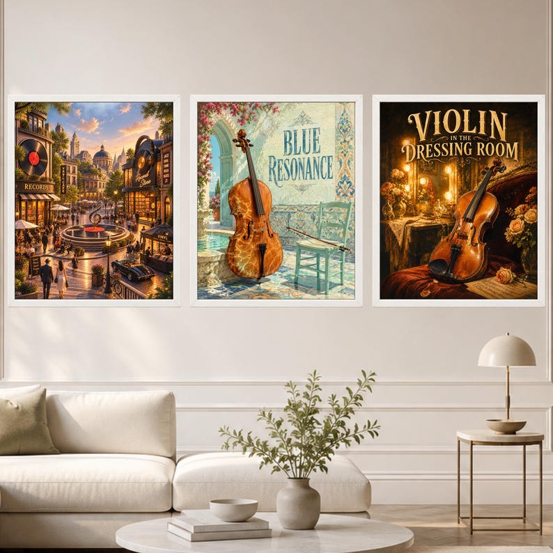 Puede incluir: Tres l&aacute;minas de arte mural enmarcadas con temas musicales. La l&aacute;mina de la izquierda muestra una plaza urbana con una fuente y una tienda de discos. La central muestra un violonchelo, una silla y el texto Blue Resonance. La derecha muestra un viol&iacute;n.