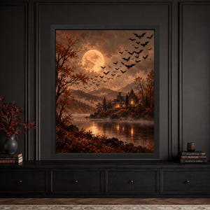 Decoración de pared de casa embrujada, lámina de Halloween con luna llena, paisaje gótico otoñal (descarga digital) imagen 5