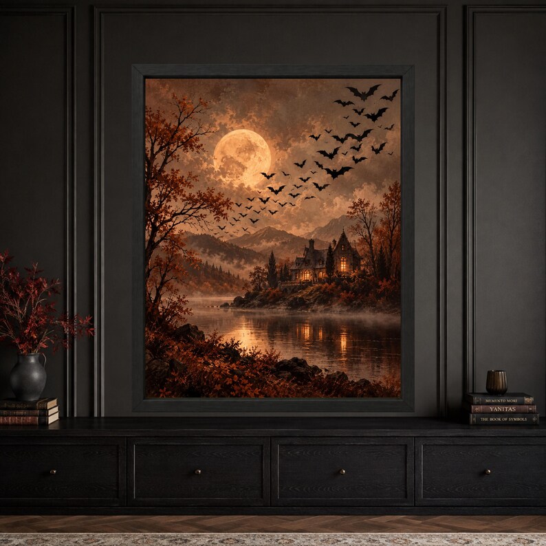 Decoración de pared de casa embrujada, lámina de Halloween con luna llena, paisaje gótico otoñal (descarga digital) imagen 5