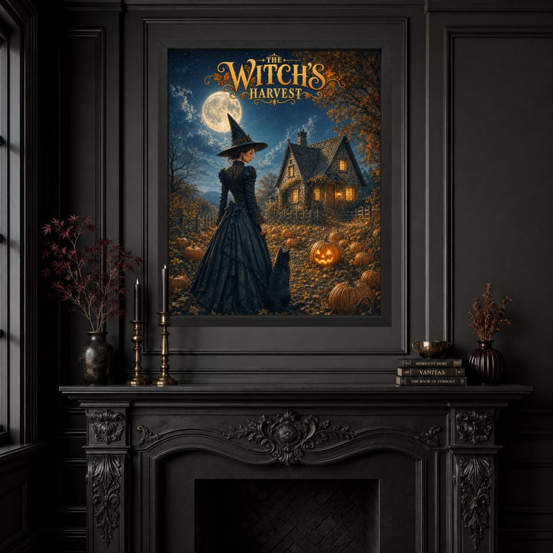 May include: A framed wall art print titled The Witch's Harvest, depicting a person in a black gown and pointed hat standing with a black cat before a house, a full moon, and pumpkins in a field, displayed above a black fireplace mantel.