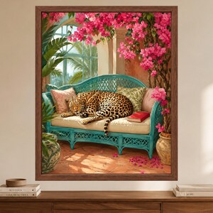 Leopard Wall Art, Tropical Jungle Poster, Big Cat Print, Botanical Boho Decor, Digital Download afbeelding 2