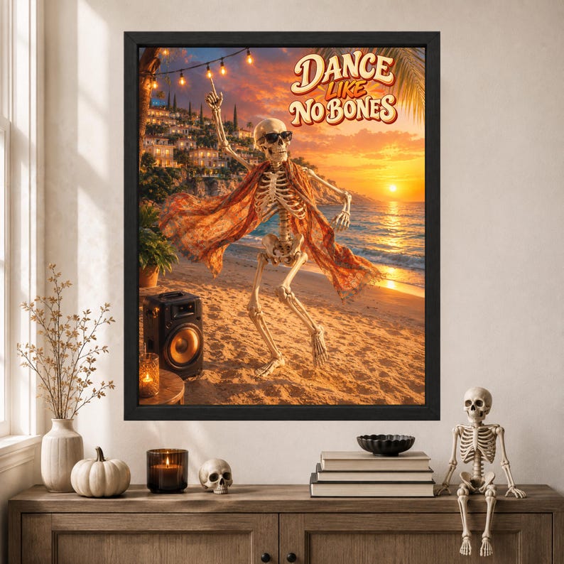 Dancing Skeleton Beach Party Print, Retro Summer Humor Art (Digital Download) image 9