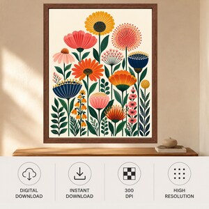 Colorful Floral Wall Art, Mid Century Botanical Print, Retro Folk Flower Poster, Digital Download image 10