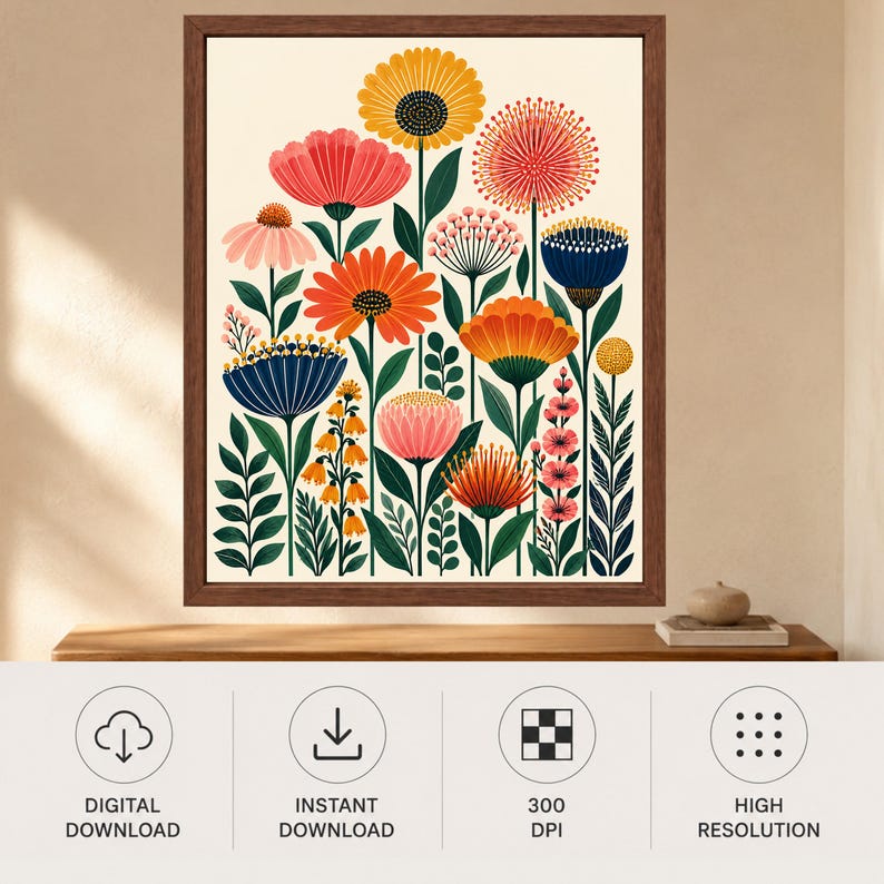 Colorful Floral Wall Art, Mid Century Botanical Print, Retro Folk Flower Poster, Digital Download image 10