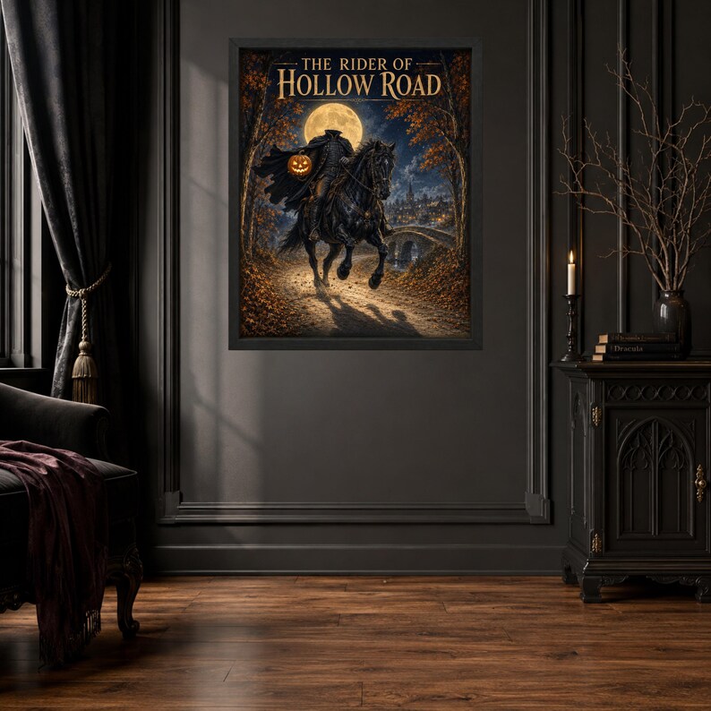 May include: A framed wall art print titled The Rider of Hollow Road, depicting a headless figure in a dark cloak riding a black horse while holding a glowing jack-o'-lantern under a full moon, set against a backdrop of autumn trees and a stone bridge.