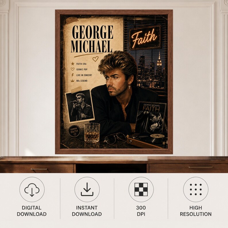 K&ouml;nnte beinhalten: Ein gerahmtes Poster mit George Michael und dem Text Faith, George Michael, Faith Era, Iconic Pop, Live in Concert und 80s Legend. Das Bild zeigt ein Portr&auml;t des K&uuml;nstlers, ein kleineres Foto, ein Glas Whiskey und einen Plattenspieler.