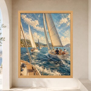 Puede incluir: Una impresi&oacute;n de arte mural enmarcada que representa una escena costera soleada con varios veleros blancos navegando en aguas azul profundo. El primer plano muestra la cubierta de un barco, mientras que el fondo presenta colinas lejanas.