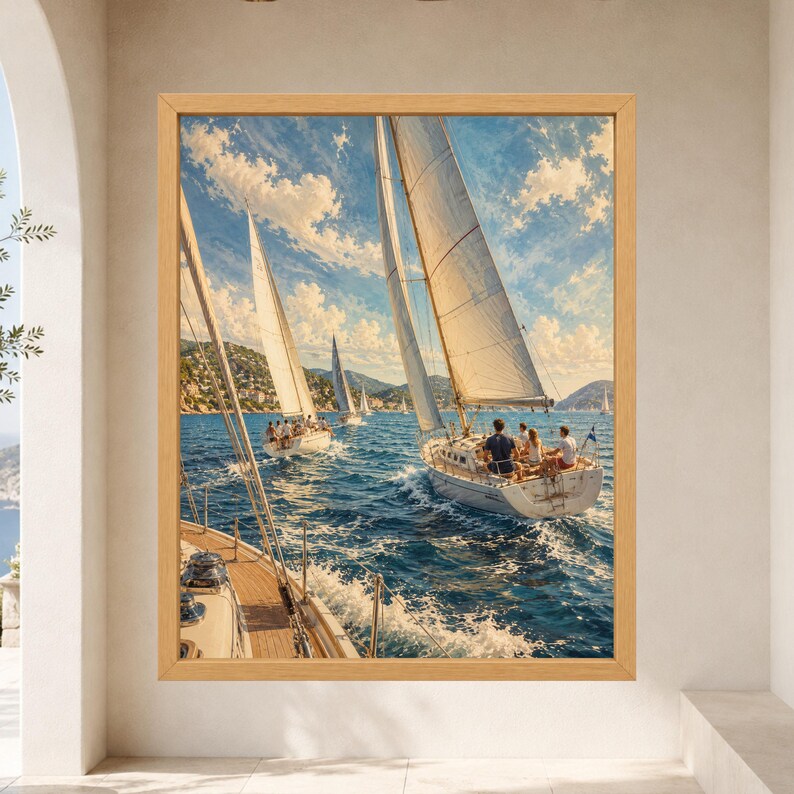 Puede incluir: Una impresi&oacute;n de arte mural enmarcada que representa una escena costera soleada con varios veleros blancos navegando en aguas azul profundo. El primer plano muestra la cubierta de un barco, mientras que el fondo presenta colinas lejanas.