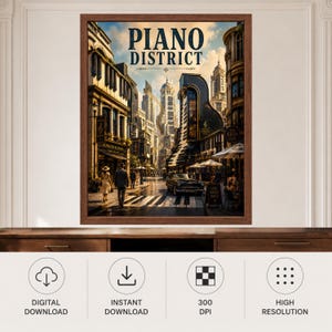 May include: A framed wall art print titled PIANO DISTRICT featuring a city street scene with buildings shaped like piano keys and grand pianos, a vintage car, pedestrians, and street signs for Sonata & Sons and The Keys Cafe under a cloudy sky.