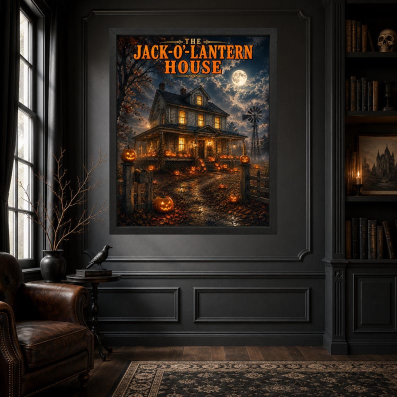 K&ouml;nnte beinhalten: Ein gerahmter Wandkunstdruck mit dem Titel THE JACK-O'-LANTERN HOUSE, der ein zweist&ouml;ckiges Haus bei Nacht zeigt, beleuchtet von leuchtenden orangefarbenen K&uuml;rbissen, einem Vollmond, einem Sternenhimmel, einer Windm&uuml;hle und Herbstlaub.