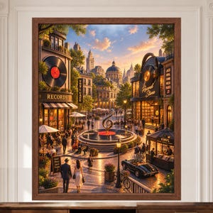 Pu&ograve; includere: Una stampa artistica incorniciata che raffigura una vivace piazza cittadina con una fontana centrale caratterizzata da una scultura a forma di chiave di violino. La scena include negozi di dischi, insegne in vinile, caff&egrave; e passanti.