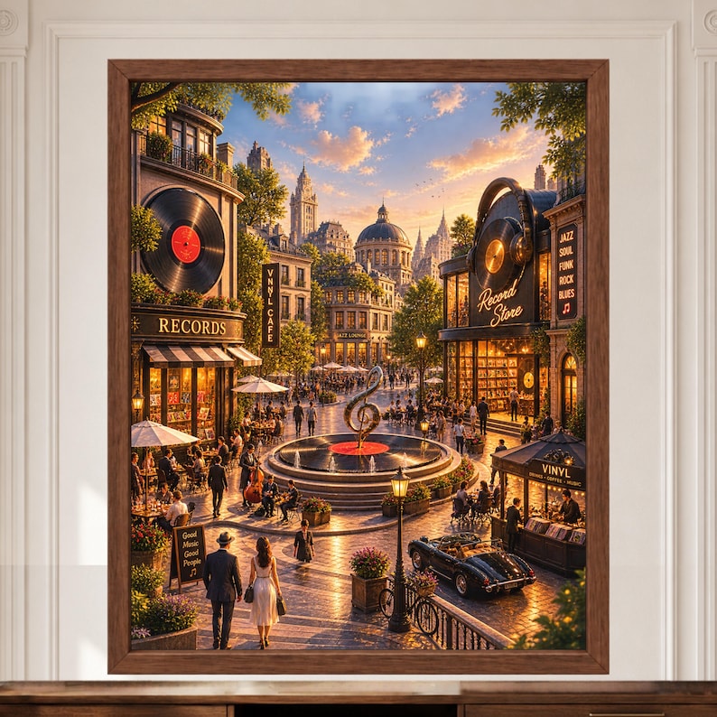 Pu&ograve; includere: Una stampa artistica incorniciata che raffigura una vivace piazza cittadina con una fontana centrale caratterizzata da una scultura a forma di chiave di violino. La scena include negozi di dischi, insegne in vinile, caff&egrave; e passanti.