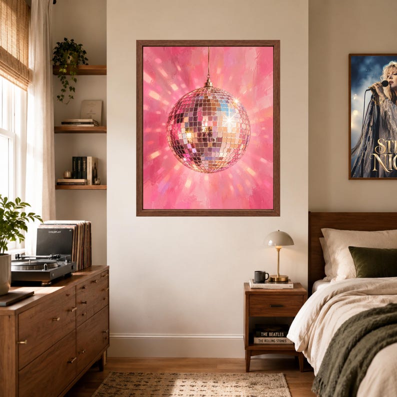 Pink Disco Ball Wall Art, Mirror Ball Poster, Retro Music Room Decor, Digital Download image 7