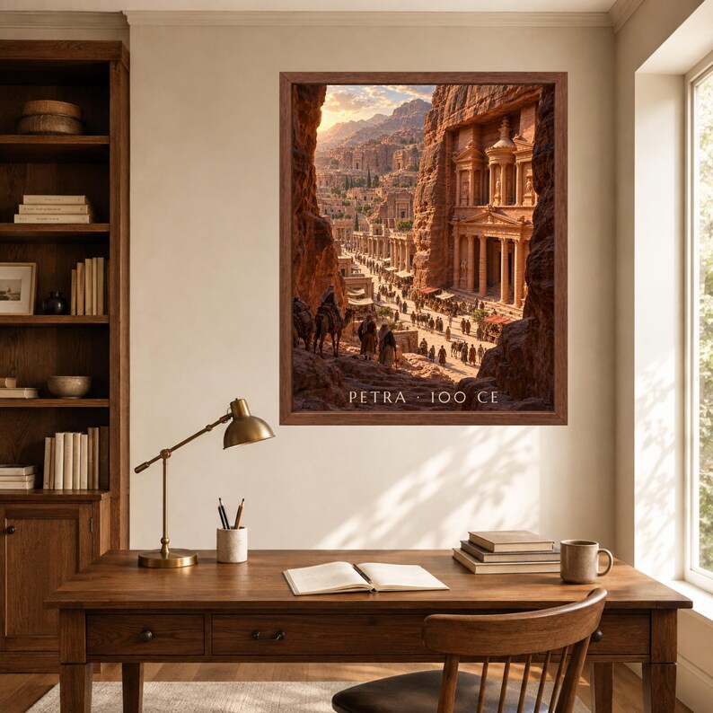 May include: A framed wall art print depicting the ancient city of Petra with sandstone cliffs, columns, and figures, featuring the text PETRA 100 CE at the bottom. The artwork is displayed on a wall above a wooden desk with a lamp, books, and a mug.