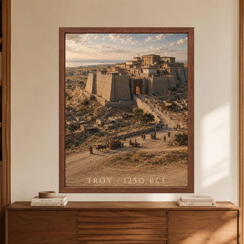 Framed Troy 1250 BCE wall art showing a fortified Bronze Age city with massive stone walls, a central gateway, hillside buildings and people traveling along the road through ancient Anatolia.