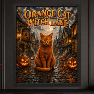 May include: A framed wall art print titled The Orange Cat of Witch Lane featuring an orange cat wearing a pentagram pendant sitting on a cobblestone street. The scene includes glowing jack-o'-lanterns, old buildings, and a full moon sky.