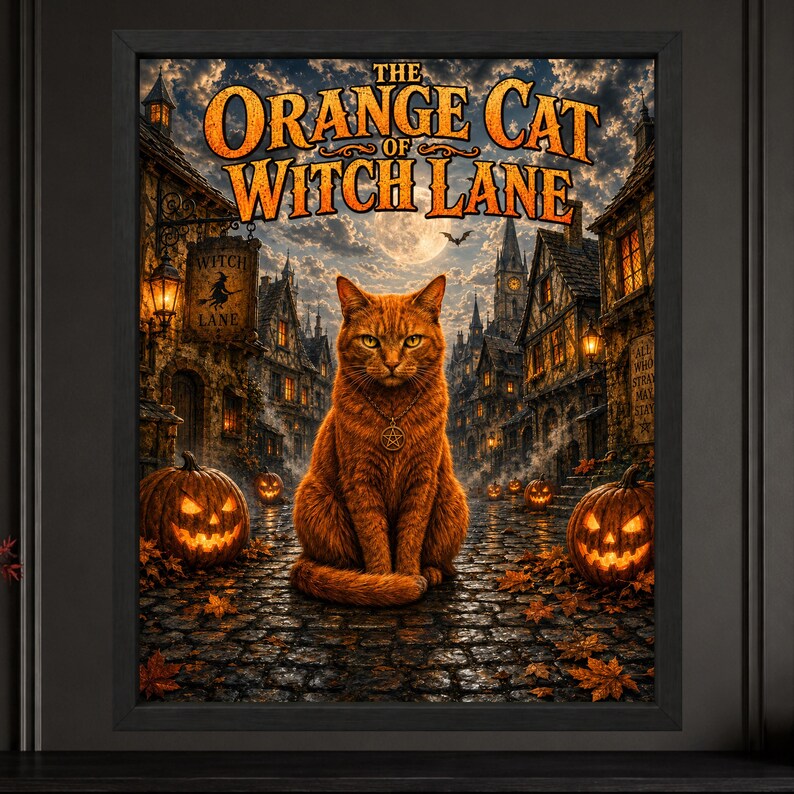 May include: A framed wall art print titled The Orange Cat of Witch Lane featuring an orange cat wearing a pentagram pendant sitting on a cobblestone street. The scene includes glowing jack-o'-lanterns, old buildings, and a full moon sky.