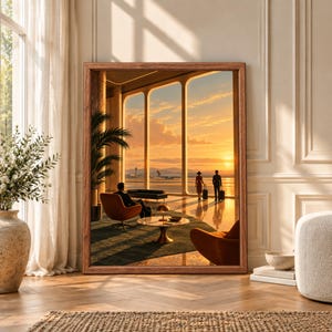 Framed airport lounge wall art showing travelers with luggage watching a passenger airplane through huge terminal windows during a warm golden sunset in a mid-century inspired interior.