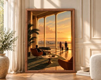 Mid-Century Airport Lounge Print, Sunset Aviation Poster (Digital Download)