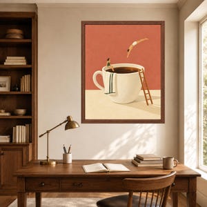 May include: A framed wall art print featuring a large white coffee cup filled with dark liquid. A person sits on the rim wearing a green swimsuit, while another person dives into the liquid. A wooden ladder leans against the cup and a towel hangs on the side.
