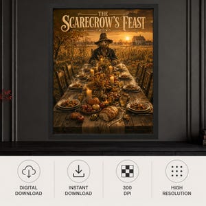 May include: A framed wall art print titled The Scarecrow's Feast, depicting a scarecrow sitting at a long wooden table set for a harvest dinner with candles, pumpkins, bread, and plates of food in a field at sunset with a house in the distance.