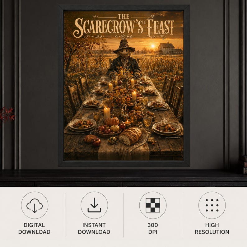 May include: A framed wall art print titled The Scarecrow's Feast, depicting a scarecrow sitting at a long wooden table set for a harvest dinner with candles, pumpkins, bread, and plates of food in a field at sunset with a house in the distance.