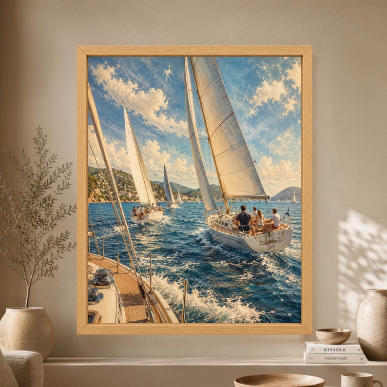 Framed Mediterranean sailing regatta wall art showing several white sailboats racing across vivid blue water between rocky coastal hills under a bright summer sky.
