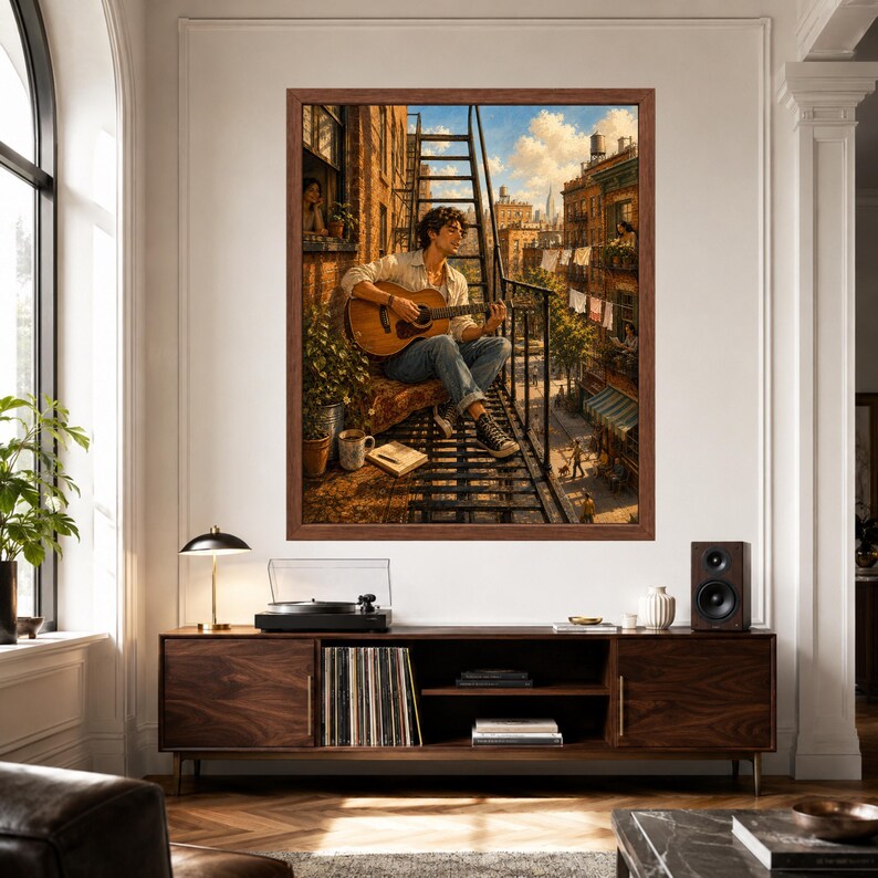 May include: A framed wall art print depicting a person sitting on a metal fire escape, playing an acoustic guitar. The scene shows a city street with brick buildings, laundry hanging on lines, and a bright blue sky with clouds in a warm colour palette.