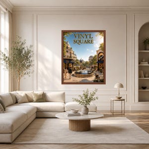 May include: A rectangular wall art print in a brown frame featuring a European-style city square scene with a central fountain, people walking, and the text VINYL SQUARE in gold lettering at the top, displayed in a bright, neutral-toned living room.