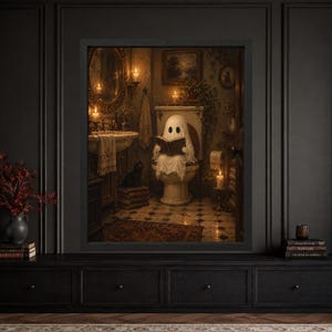 Gothic Ghost Reading on Toilet Print, Black Cat Bathroom Art (Digital Download) image 8