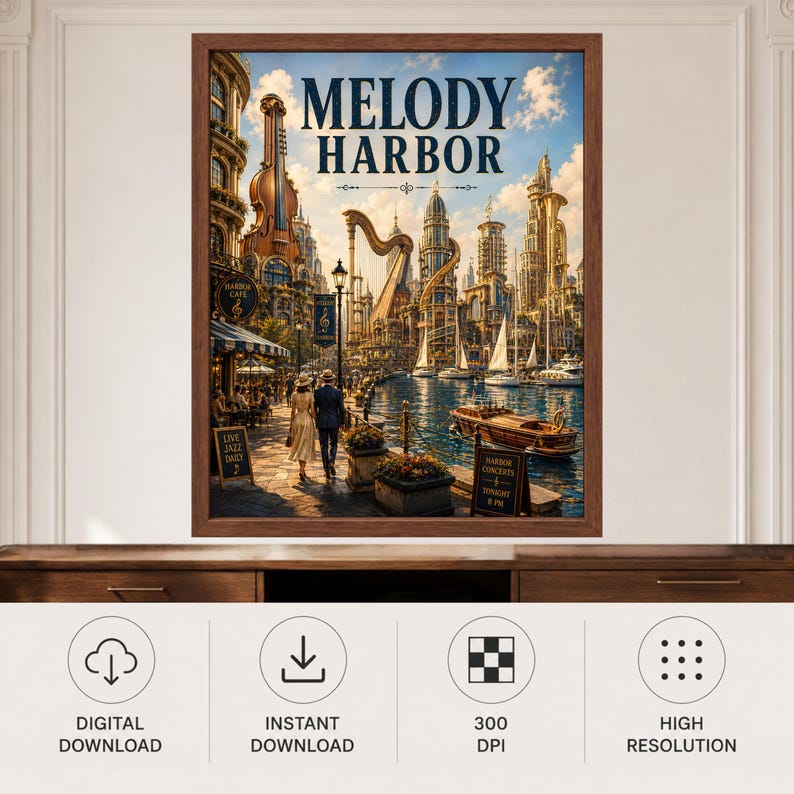 May include: A framed wall art print titled Melody Harbor, depicting a waterfront city with buildings shaped like musical instruments, including a violin and harp, alongside sailboats, a small wooden boat, and two figures walking on a stone path.