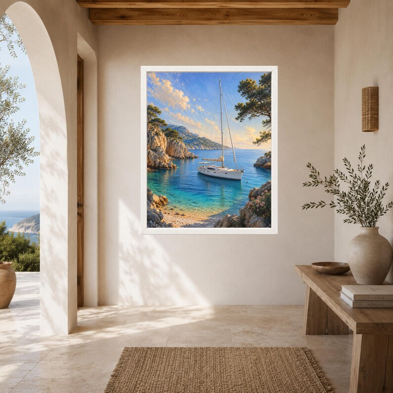 May include: A framed wall art print depicting a white sailboat anchored in a turquoise cove surrounded by rocky cliffs and pine trees under a bright blue sky with soft clouds. The scene captures a calm coastal landscape with clear water.