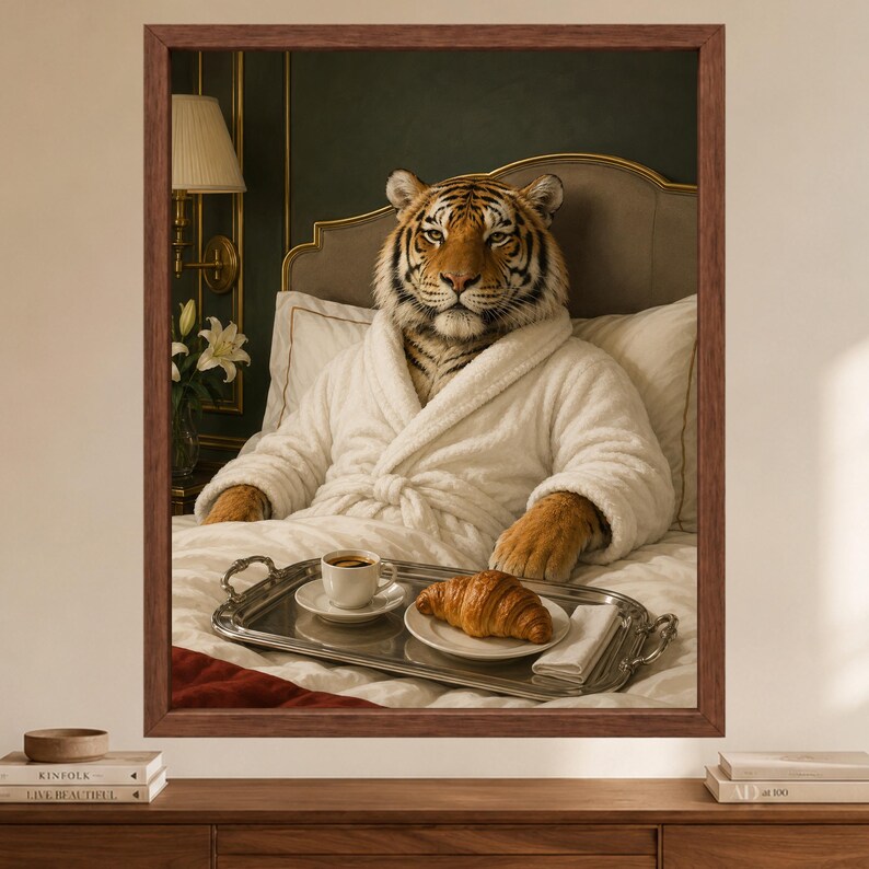 May include: A framed wall art print depicting a tiger wearing a white plush bathrobe, sitting upright in a bed with white linens. A silver serving tray rests on the bed, holding a white ceramic cup of coffee and a golden-brown croissant on a plate.