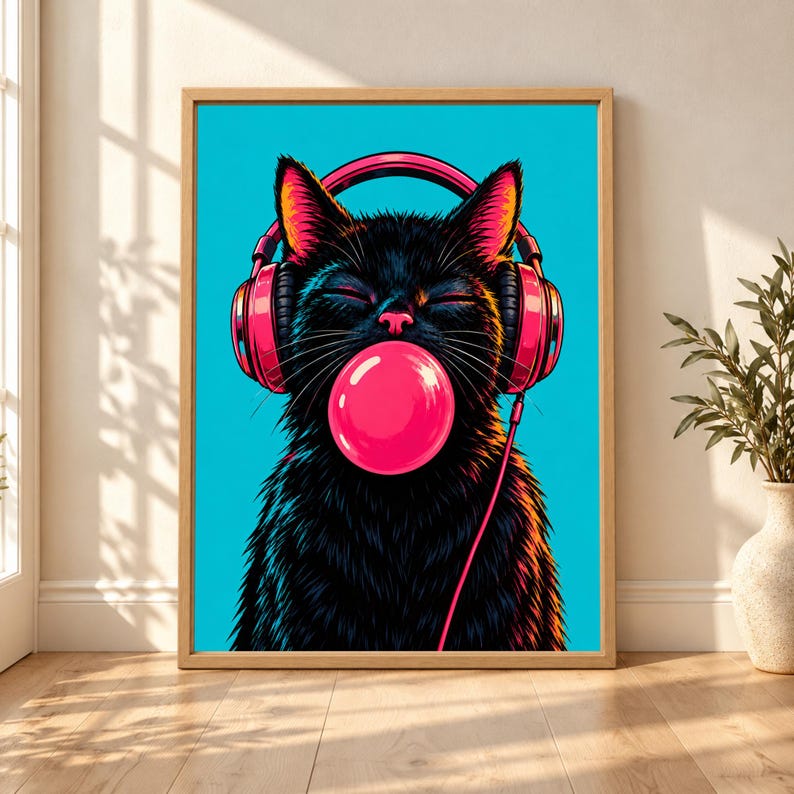 Framed black cat wall art featuring a black cat wearing bright pink headphones and blowing a glossy pink bubblegum bubble against a vivid turquoise background.