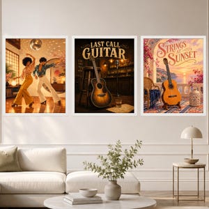 May include: A set of three framed wall art prints. The first shows two people dancing in a disco. The second features an acoustic guitar on a stool with the text "LAST CALL GUITAR". The third depicts a guitar on a balcony with the text "STRINGS AT SUNSET".