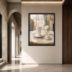 May include: A framed wall art print featuring a white paper cup on a porcelain saucer, a small white flower in a glass vase, and a square pastry on a marble table. The text Paper Cup, Porcelain Saucer is printed in elegant script at the top.