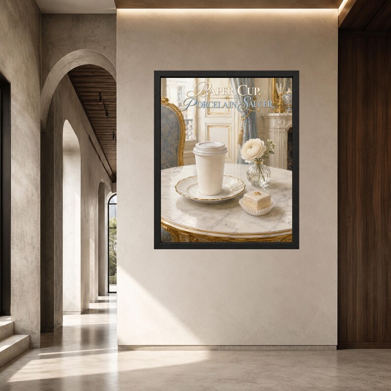 May include: A framed wall art print featuring a white paper cup on a porcelain saucer, a small white flower in a glass vase, and a square pastry on a marble table. The text Paper Cup, Porcelain Saucer is printed in elegant script at the top.